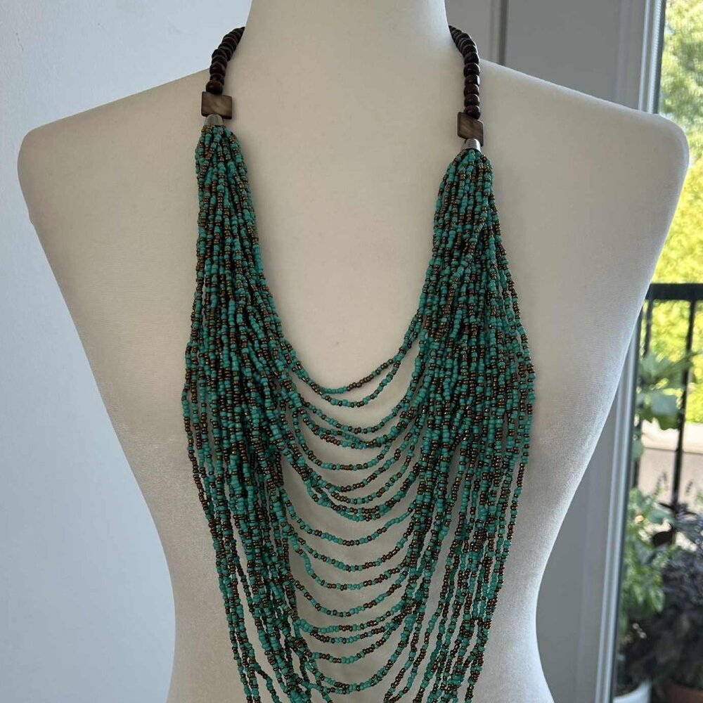 Artisan Turquoise & Bronze Multistrand Seed-Bead Bib Necklace with Wood – US OS